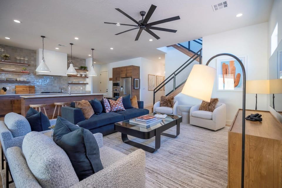 Spacious main floor living room with comfortable seating