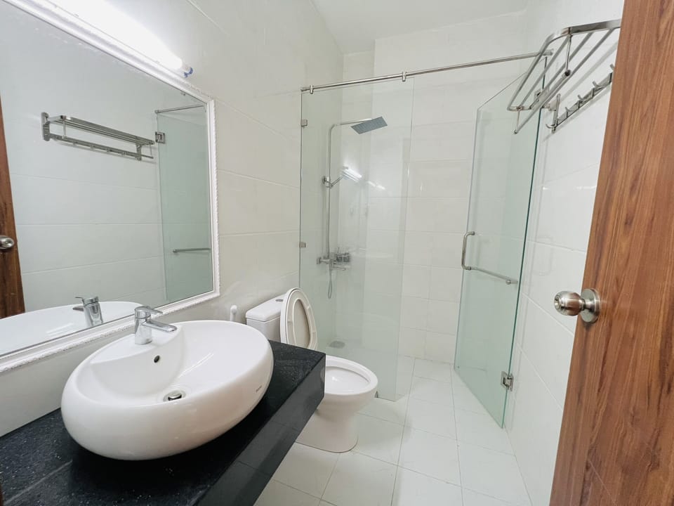 Shower, rainfall showerhead, hair dryer, bathrobes