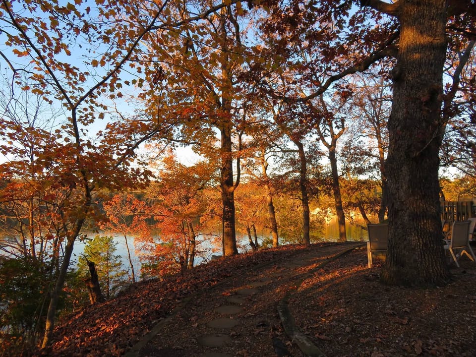 Autumn view from firepit.  Hiking at nearby Ha Ha Tonka.  Autumn is peak season