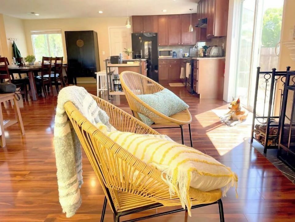 Cozy up by the wood fireplace