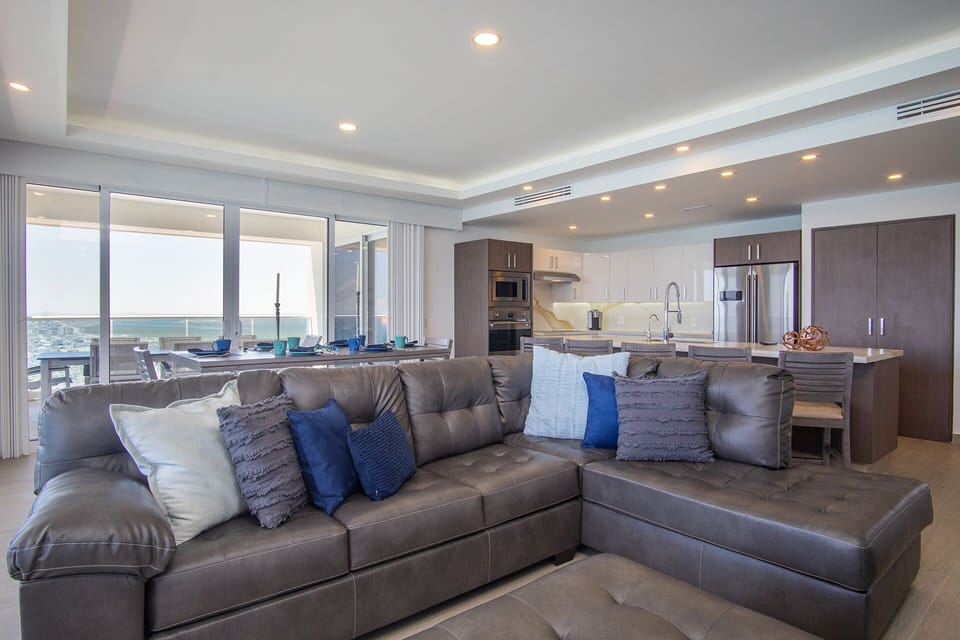 Leather sofa is the focal point of the living room