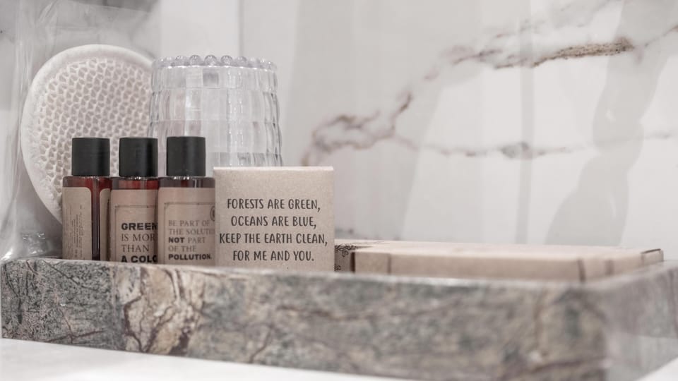 Eco-friendly toiletries, hair dryer, slippers, towels
