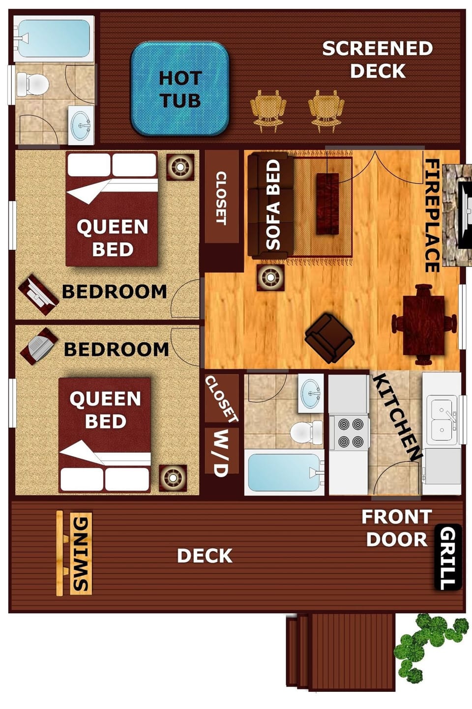 Cozy layout with efficient use of space. 
Note: the bedrooms are now King beds.