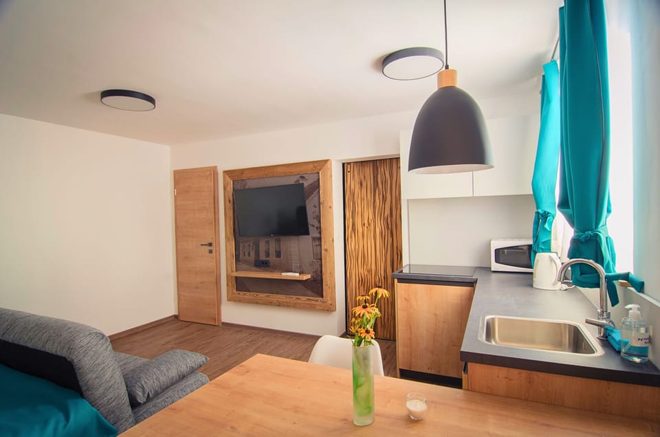 Kitchen, Cauch, TV, Air conditioning, dining area.