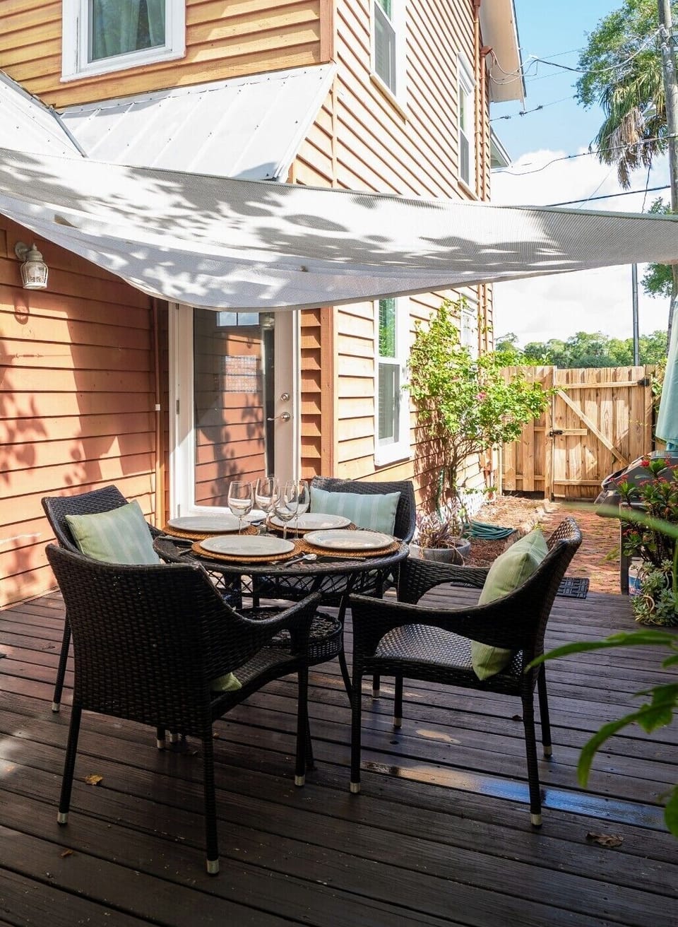 Your patio is off the kitchen with the French doors.
