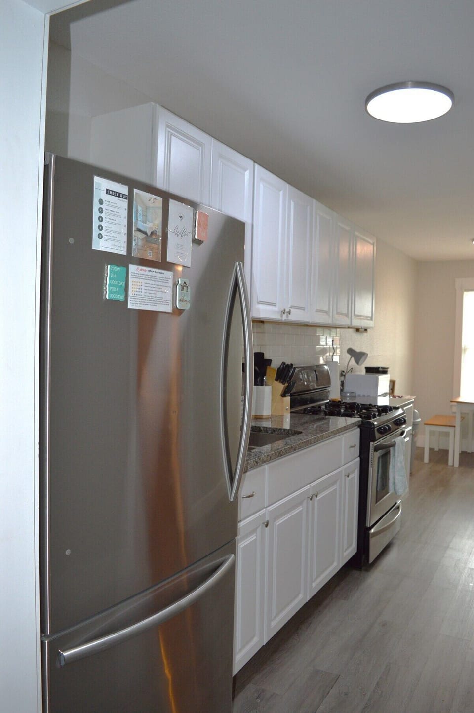 Full kitchen equipped with a gas stove, full size fridge, microwave, complimentary coffee, creamer, and sugar, and a toaster and microwave 

We have bakeware, pots, pans, baking sheets, cutting boards, 