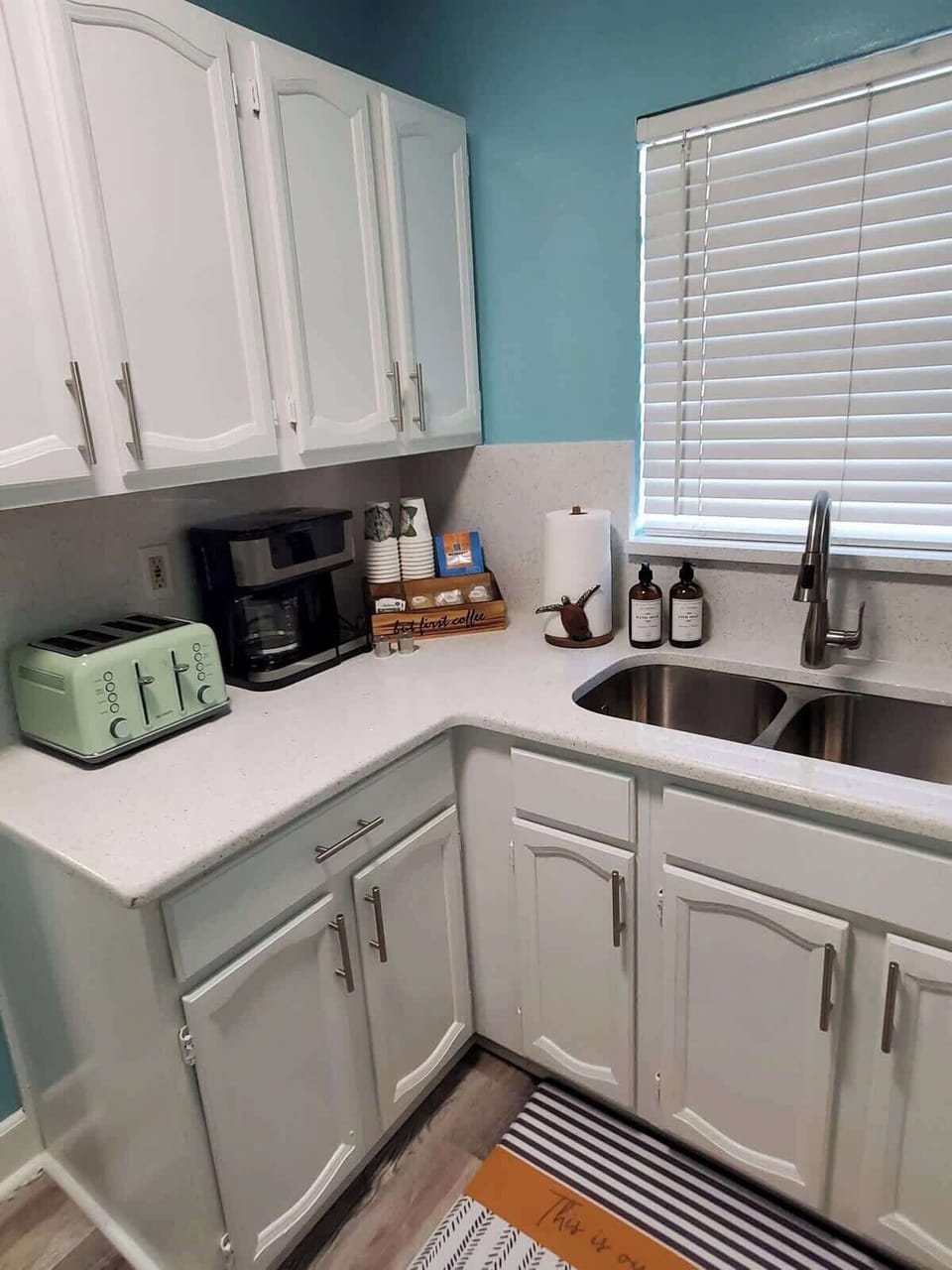 Kitchen fully stocked with a coffee station, tea, toaster, blender, spices and much more!