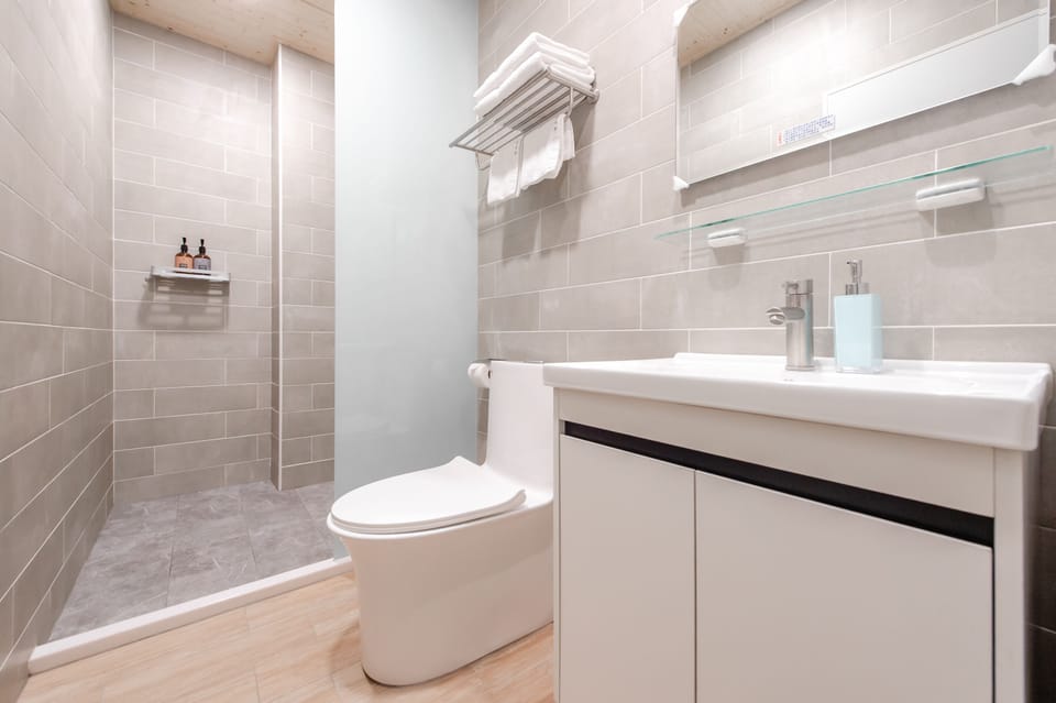 Shower, hair dryer, slippers, towels