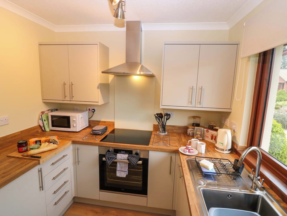 Fridge, electric kettle, toaster, cookware/dishes/utensils