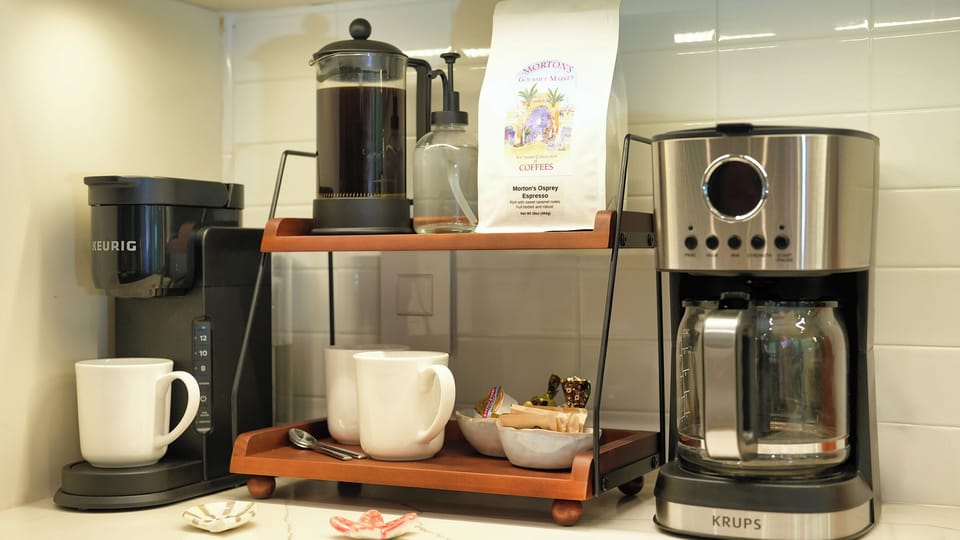 Coffee your way—choose from a Keurig (with provided Lavazza k-cups), traditional 12-cup drip or French press, so everyone can start the morning exactly the way they like it.
