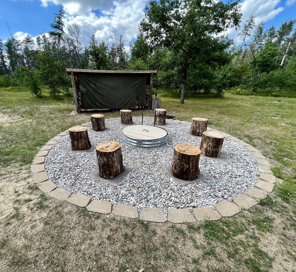 Large fire pit, includes firewood, grill and 8 stumps for seating.