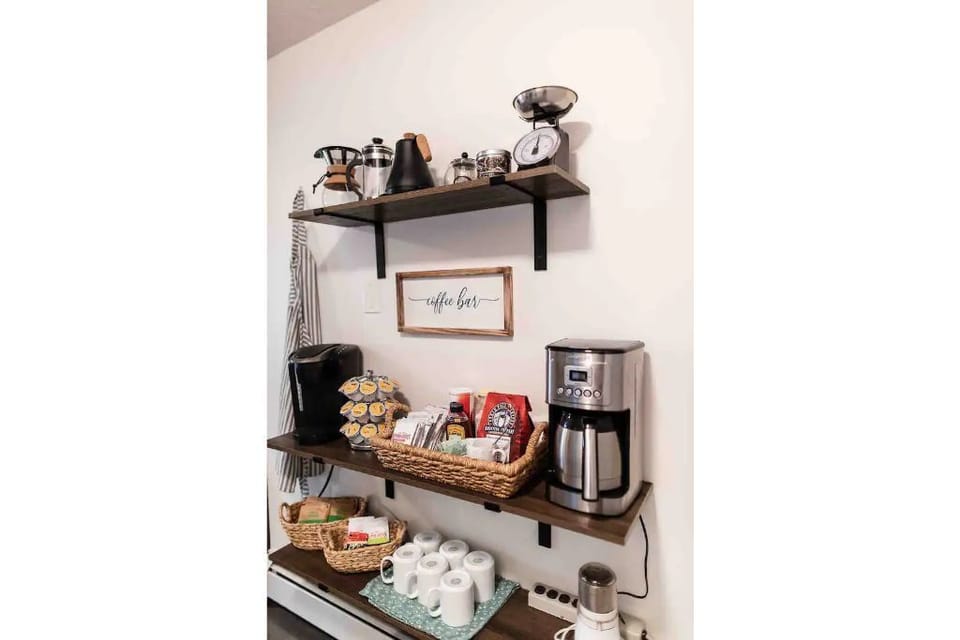 Fully stocked with k-cups, locally roasted beans, teas, and oatmeal