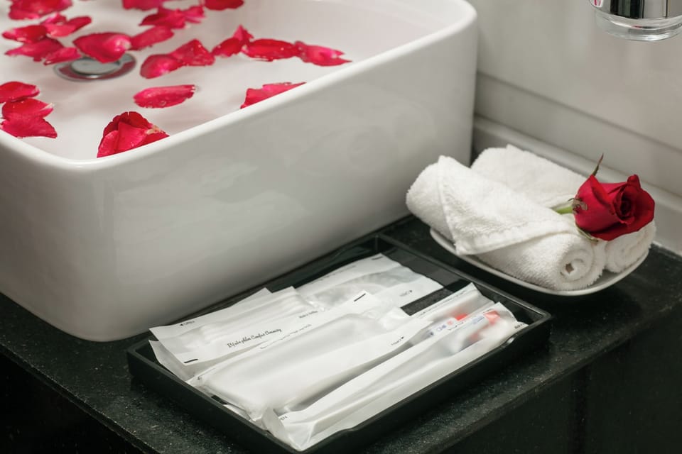 Shower, designer toiletries, hair dryer, slippers