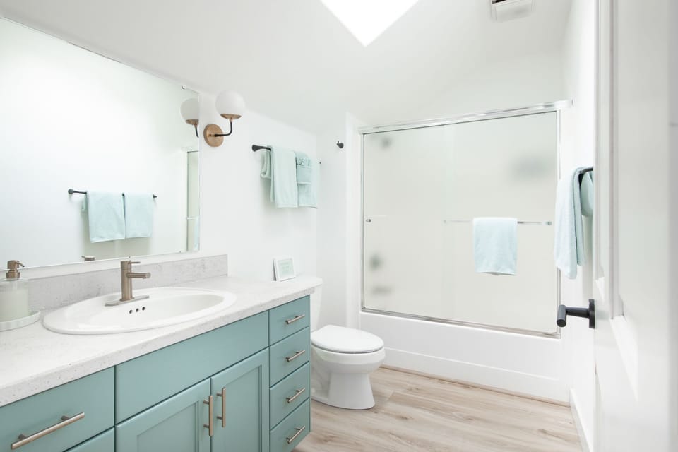 We have towels, shampoo, conditioner, body soap & a hair dryer in every bathroom