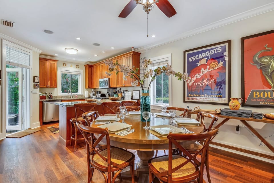 Indoor dining area connects the kitchen and living area.