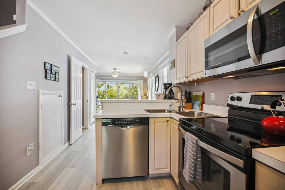 Kitchen features modern appliances.