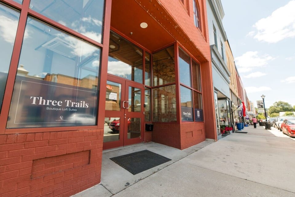 Main Street entrance facing shops