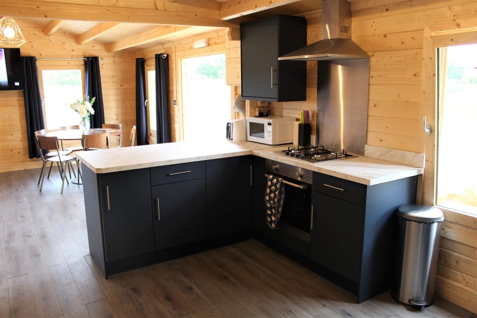 Cabin | Private kitchen | Fridge, microwave, oven, stovetop