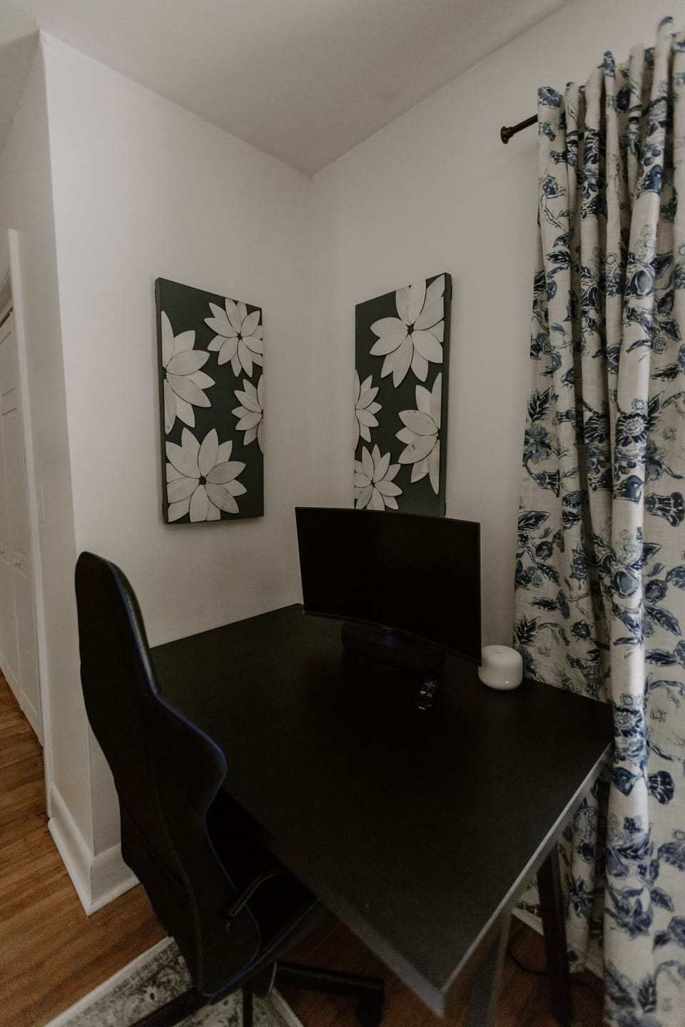 Workspace in Master has a desk, comfortable chair, monitor and ROKU speaker. 