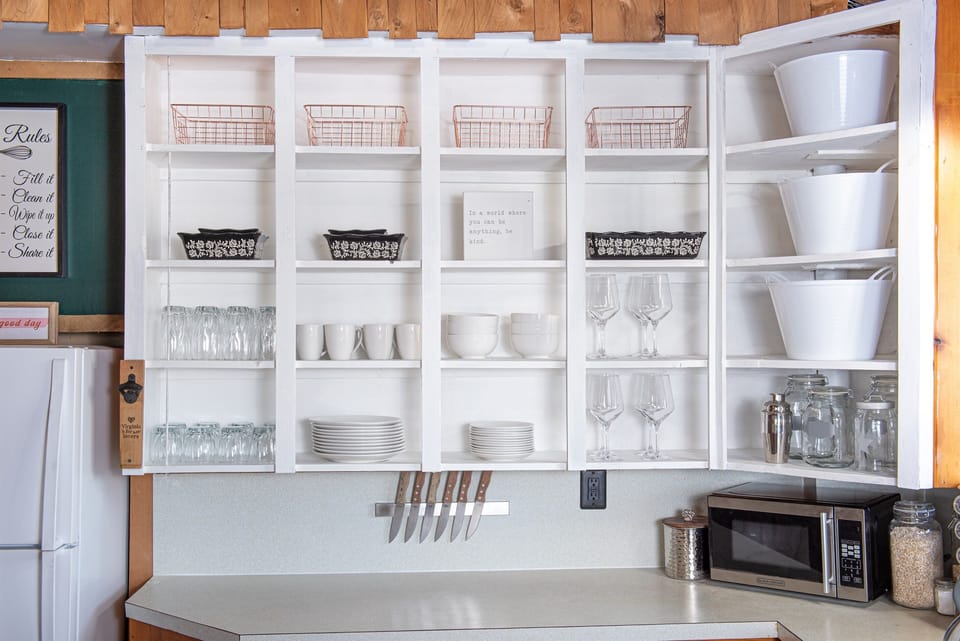 Open shelving in the kitchen to simplify finding what you need.
