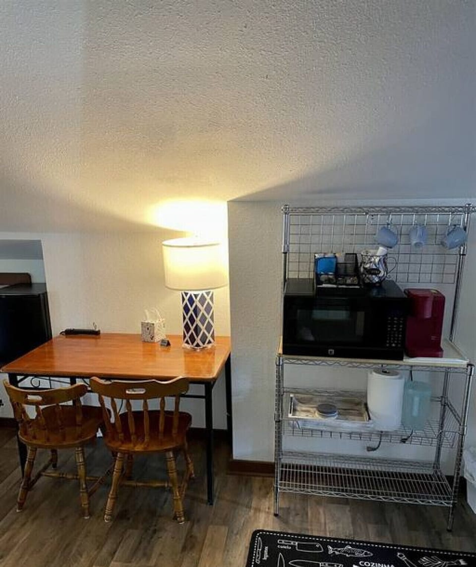 Upstairs offers a microwave and Keurig