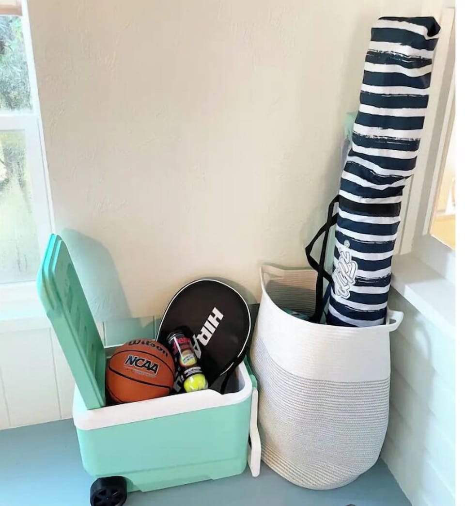 Beach & sports supplies. Cabana, beach towels, 2 adult & 2 kid beach chairs, toy