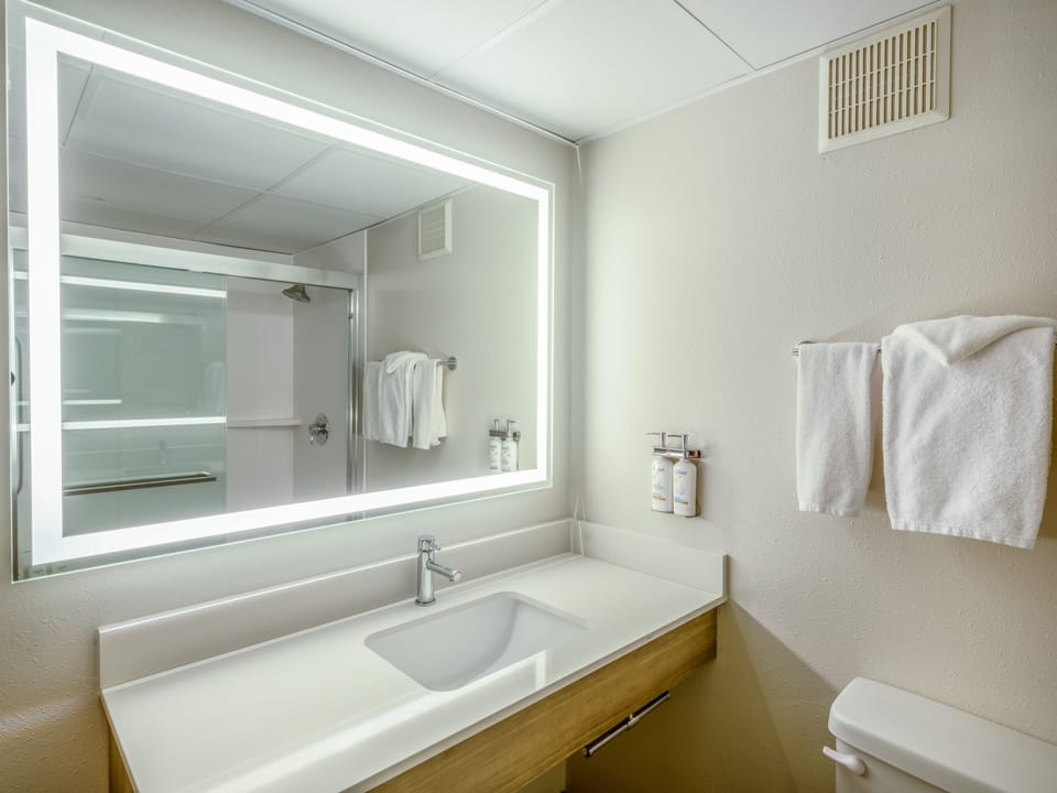 Combined shower/tub, eco-friendly toiletries, hair dryer, towels
