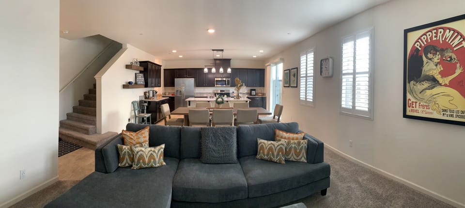 Open floor plan for living room, dining room, and kitchen