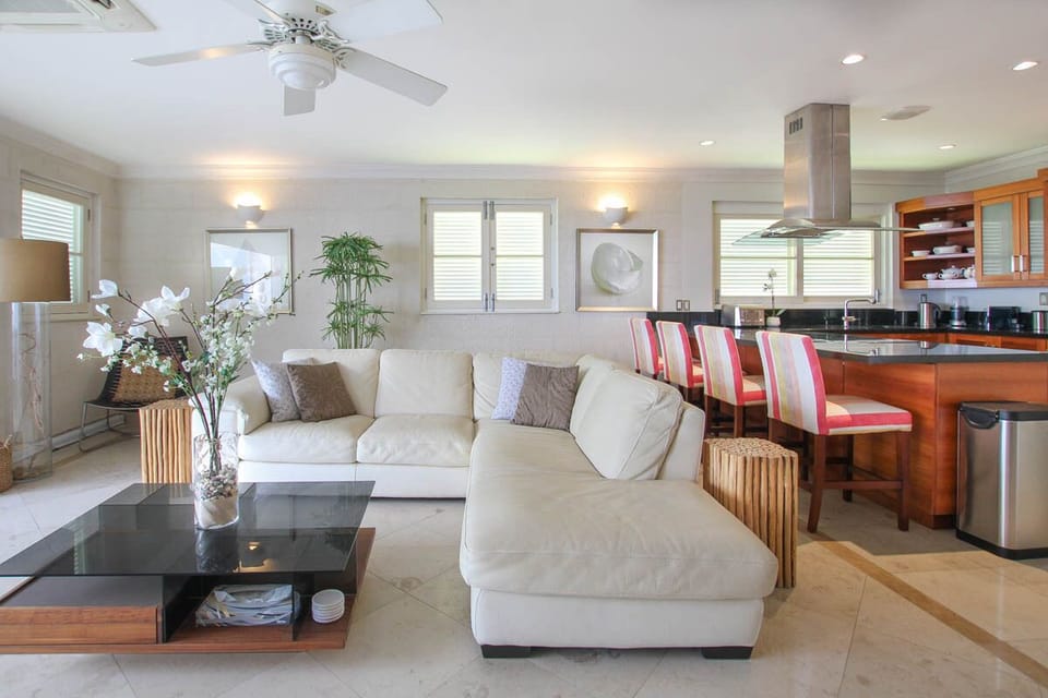 Open plan living and kitchen area with high end finishes