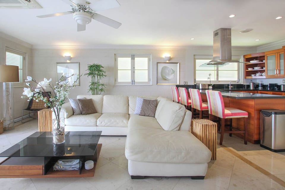 Open plan living and kitchen area with high end finishes