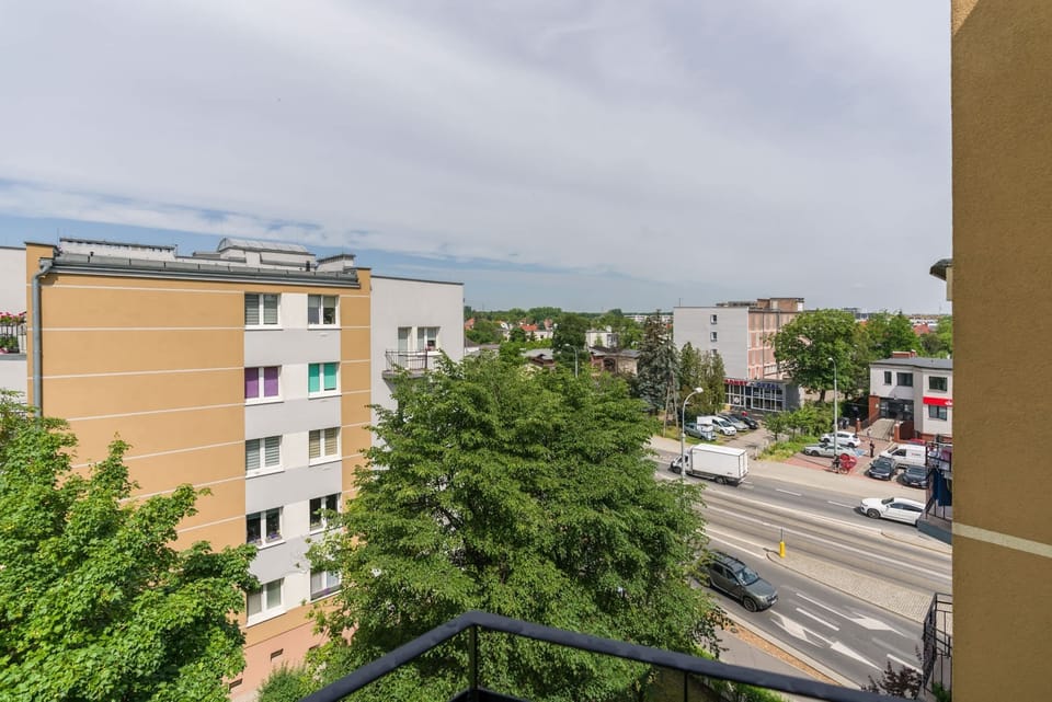 Another angle of the balcony view, featuring city rooftops and green surroundings