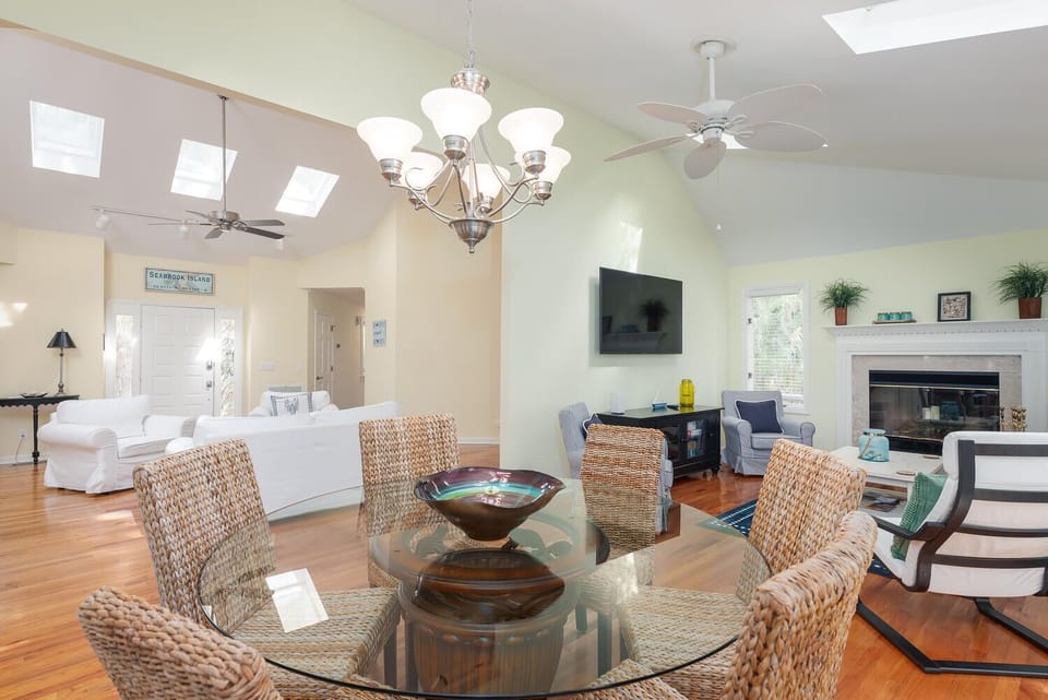 The dining room is nestled between the living room and family room.