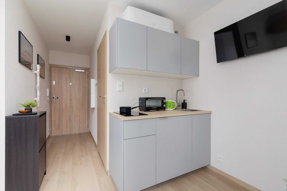 The sleek design of the kitchenette blending seamlessly with the living area.