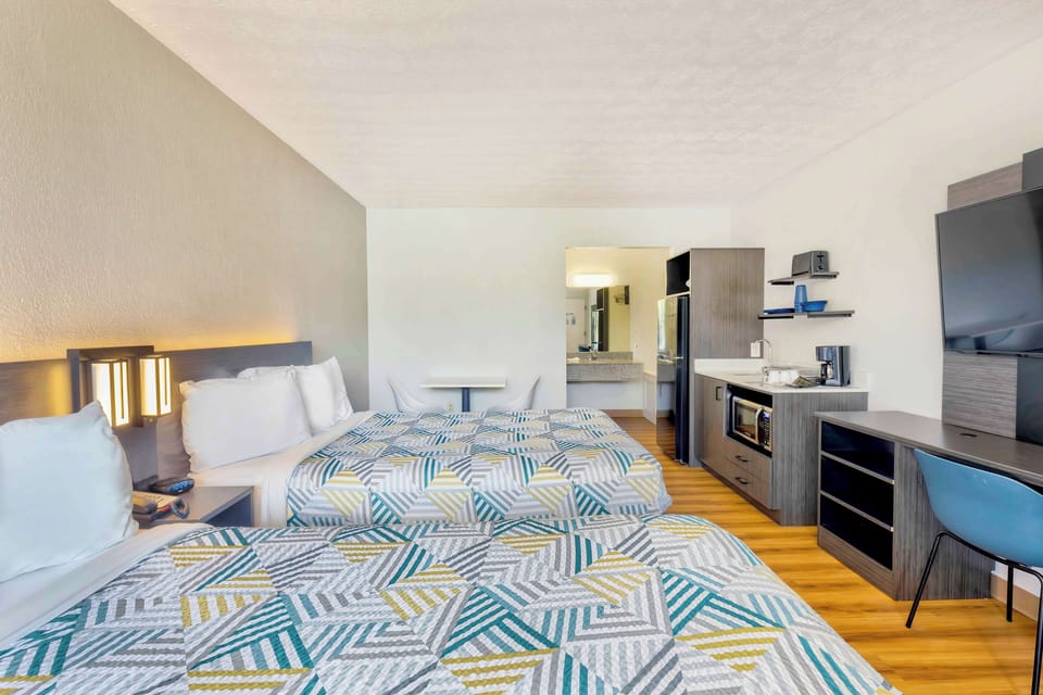 Desk, laptop workspace, blackout drapes, free WiFi