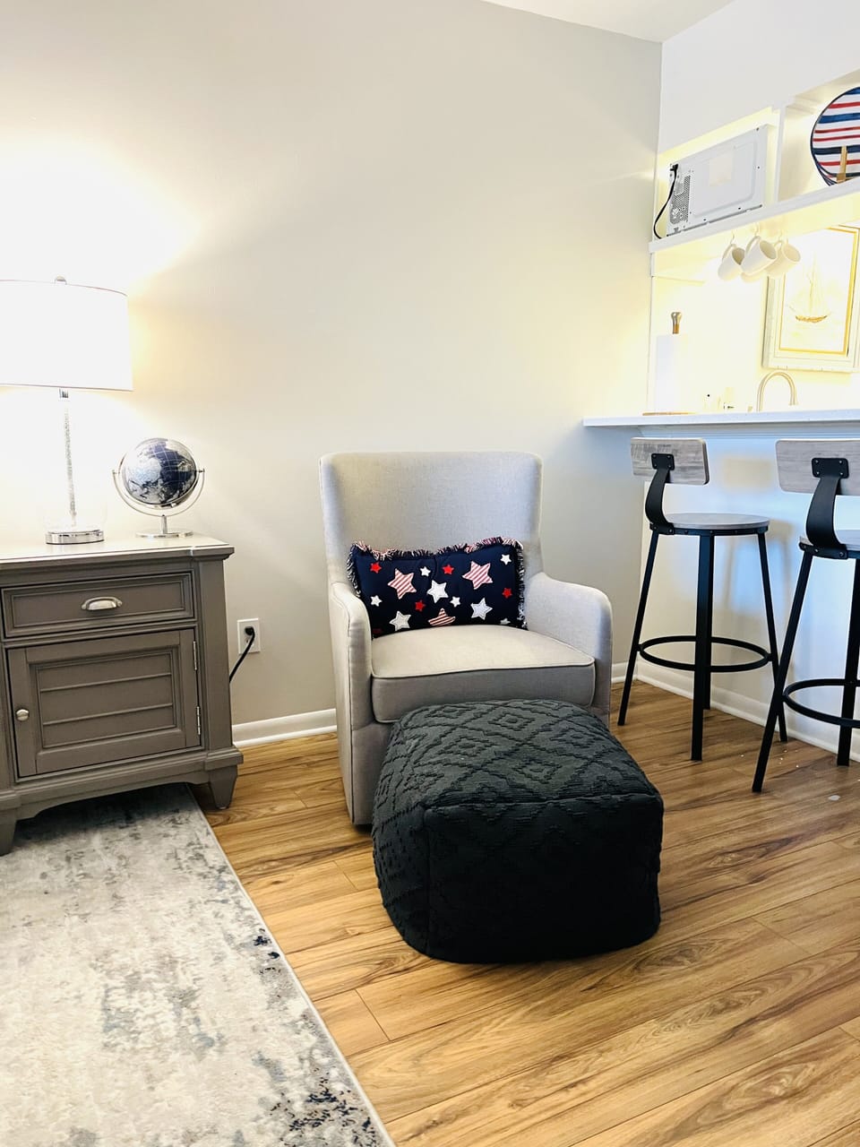 Cozy reading chair and foot stool.