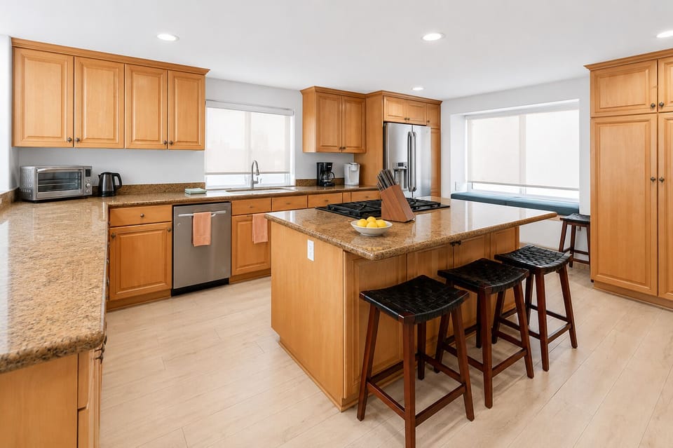 Modern kitchen with top-tier appliances, a spice rack, and everything you need for home-cooked meals