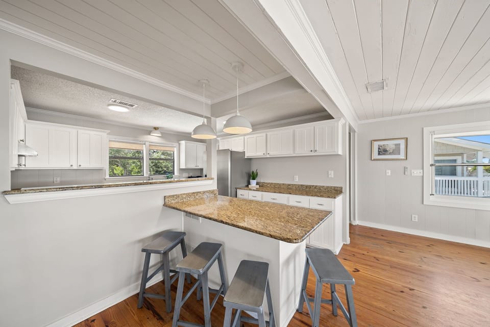 Island seating is perfect for quick lunches refueling between trips to the beach