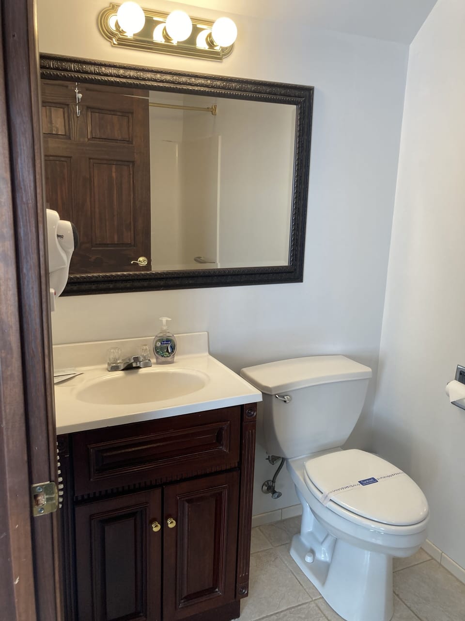 Tub/ Shower, toilet, sink, hair dryer, towels, soap, shampoo