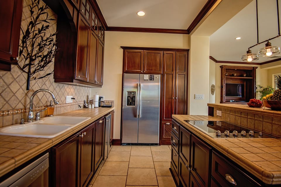 Modern kitchen, fully equipped. Let us set you up with a private chef.