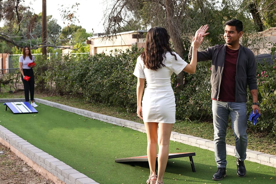 Enjoy bocce ball, putting practice or corn hole on our 40 foot court in the shared back yard!  All of the equipment is stored in the laundry room.
