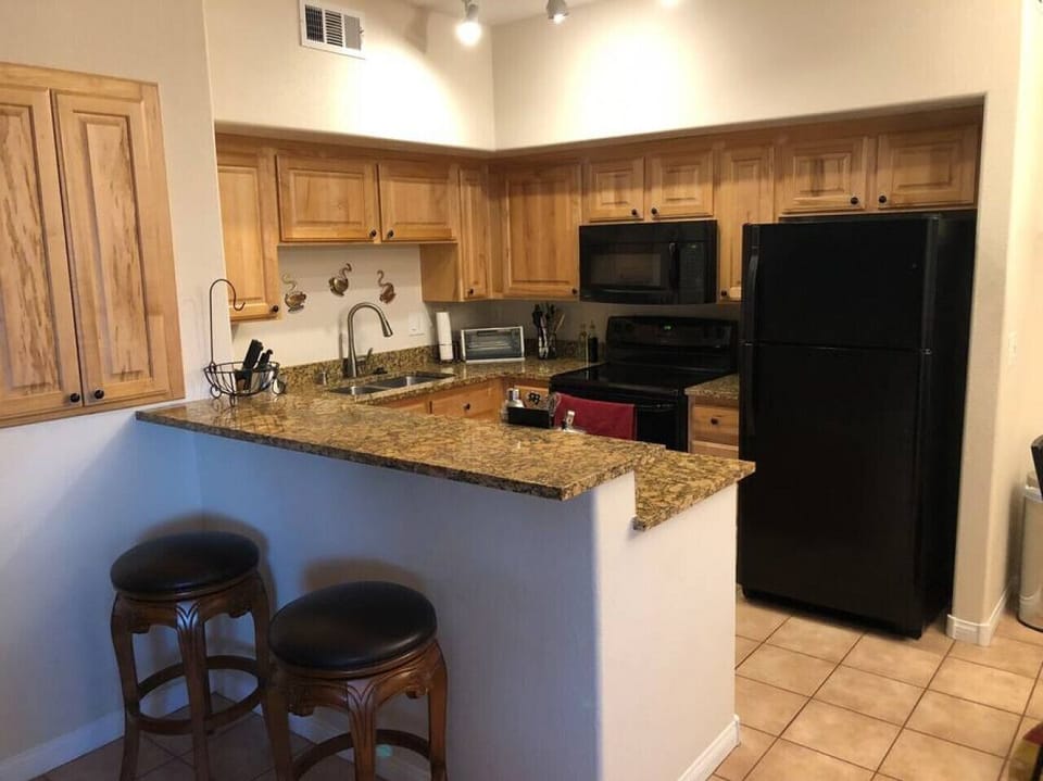 Fully stocked kitchen.