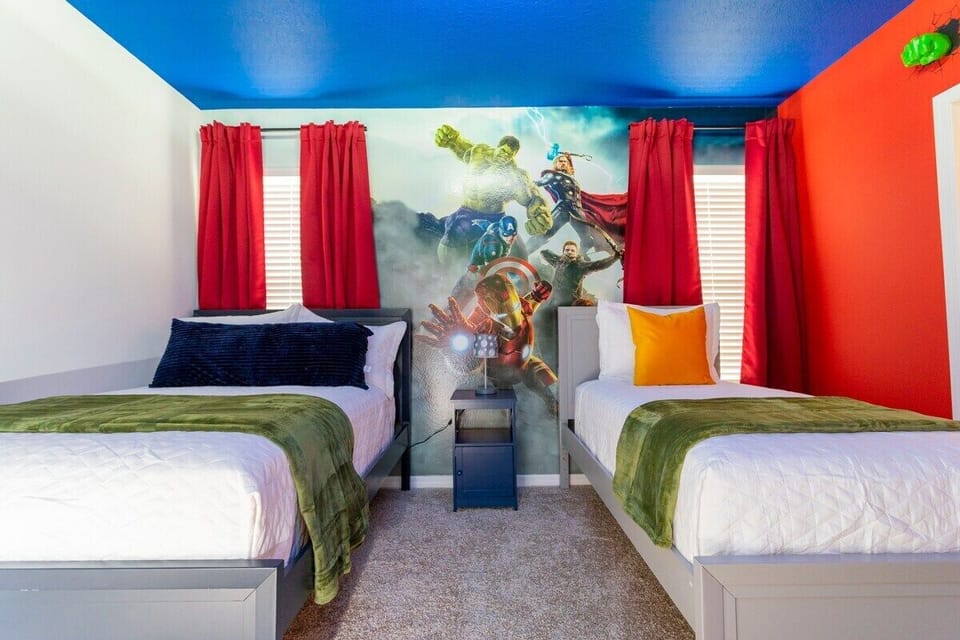 Welcome to the kids' room adorned with delightful Avengers decor and an individual bed  and full size bed for every kids comfort! —a magical space designed to turn vacation time into an enchanting experience for your little ones. 