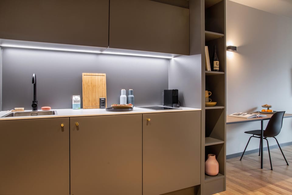 Standard Apartment, 1 Queen Bed, Kitchen (Full Kitchen) | Private kitchenette | Full-size fridge, microwave, stovetop, dishwasher