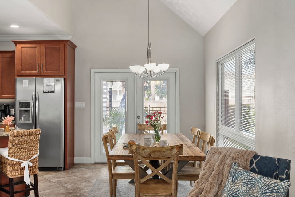 Access to the patio is near the kitchen.