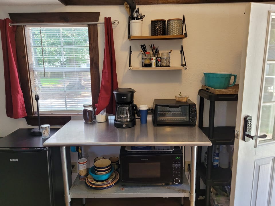 Soltow cabin mini fridge, coffee maker, toaster oven, microwave