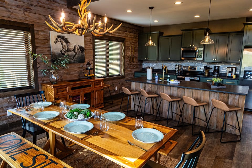 New, stylish kitchen, dining, and living area