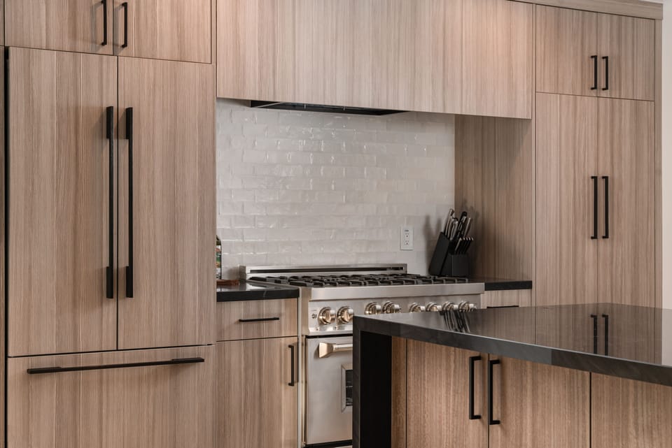 Professional chef's knives and baking utensils are at the ready.