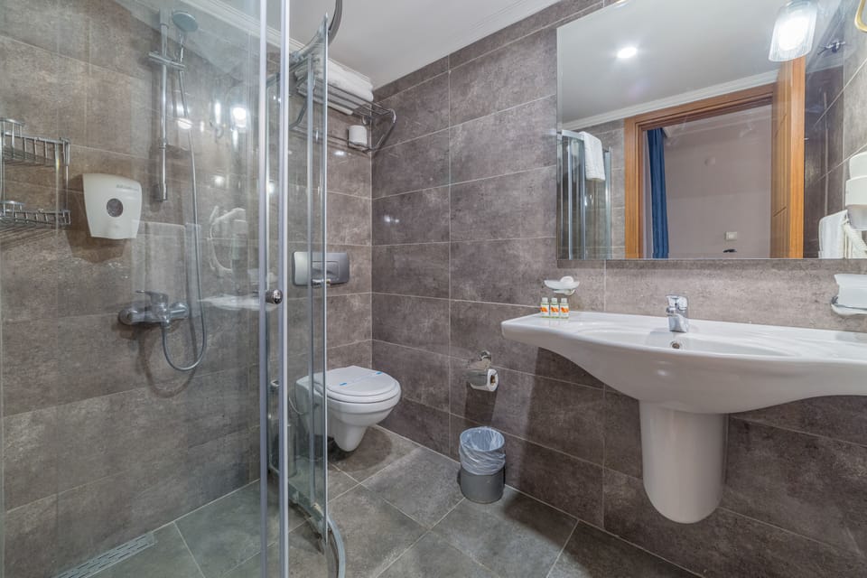 Shower, free toiletries, hair dryer, towels
