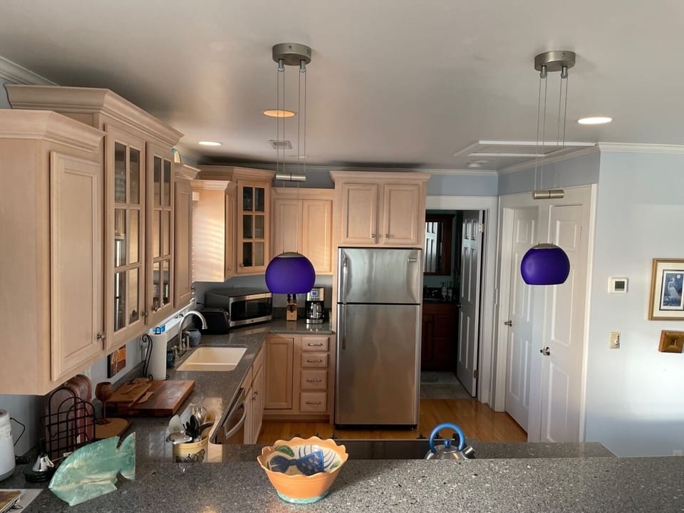 Fully stocked modern kitchen with stainless appliances and indirect lighting