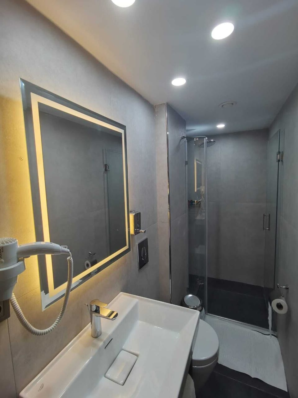 Shower, hydromassage showerhead, free toiletries, hair dryer